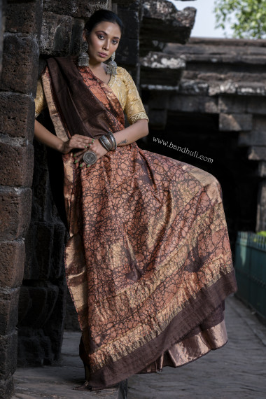 Dark Chocolate Brown color Indonesian Wax Batik Saree 